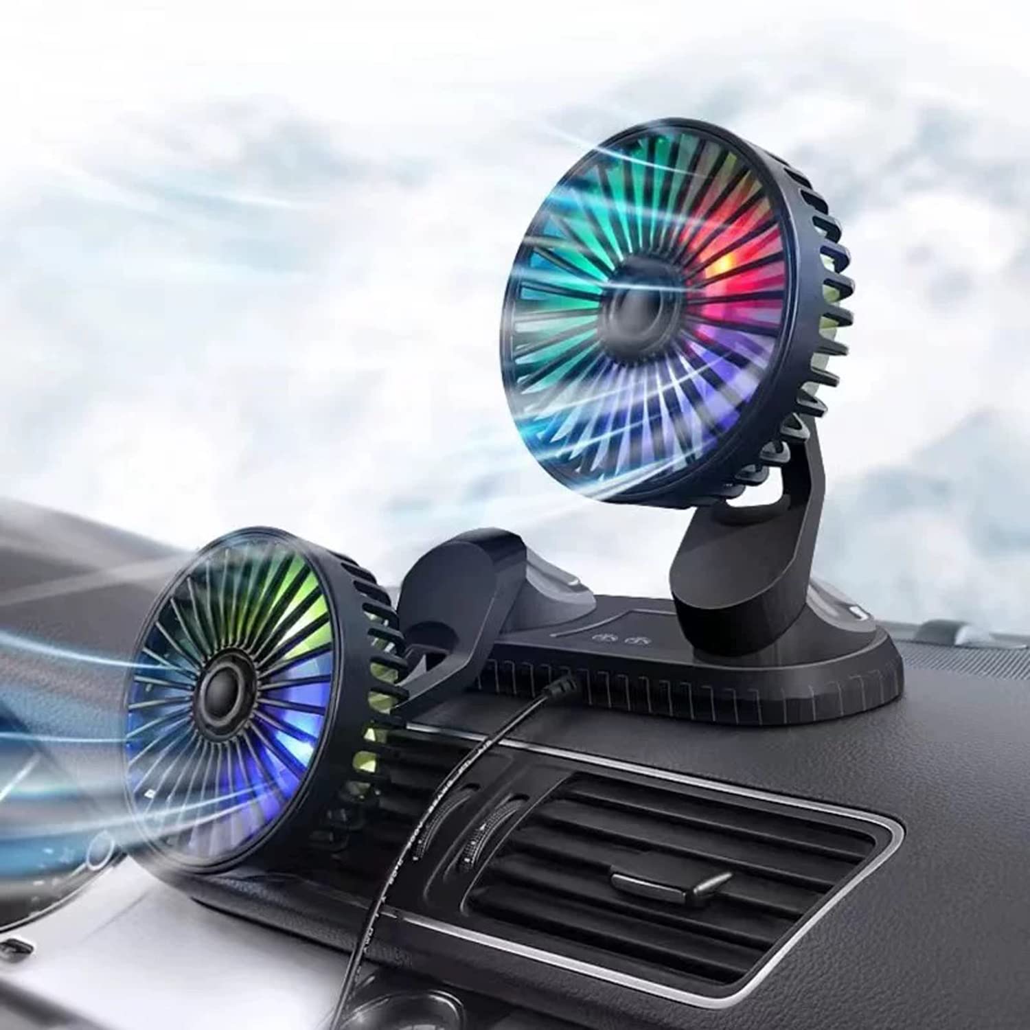 Kinowji Car Cooling Fan,360 Adjustable Dual Head Cooling Air Fan Usb Fan Vehicle Fan With Coloured Light Brushless Motor For Car